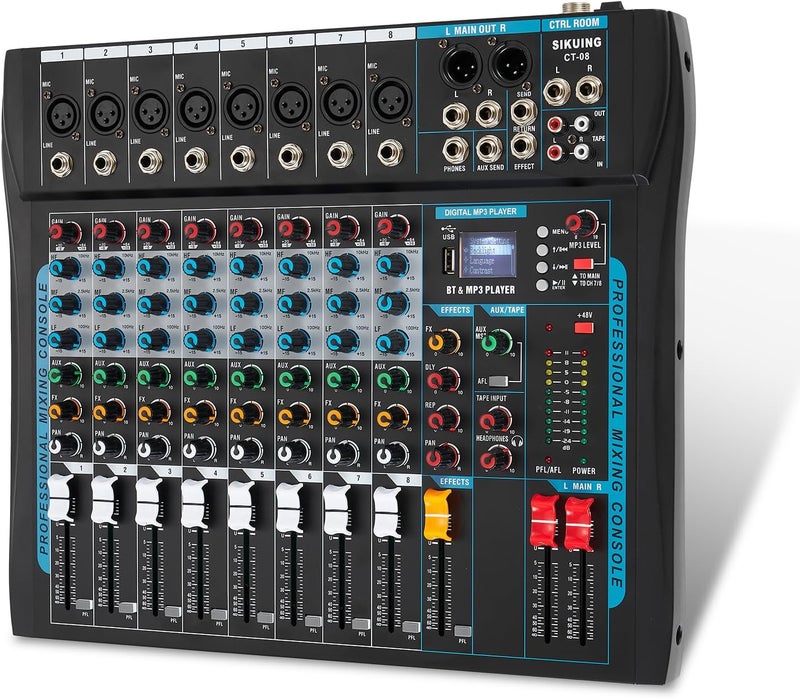 SIKUING 8 Channel Audio Mixer Sound Board Mixer 16 DSP Effect Audio Interfacer w/USB Drive for Computer Recording, 48V Power, XLR Microphone Jack DJ Mixer for Karaoke Studio Streaming Recording - Image 1